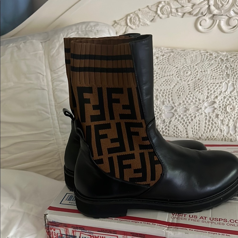 Fendi Black and Brown Ankle Boots with FF Monogram